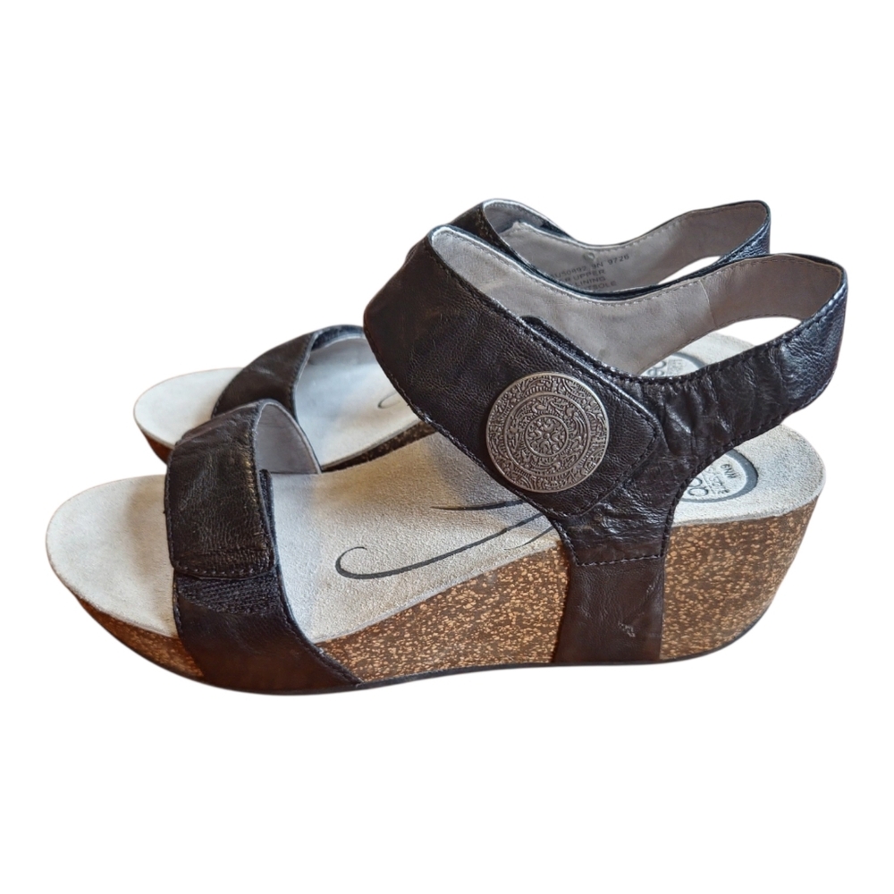 ABEO‎ B.I.O.Systems UNA Black Comfort Leather Boho Wedge Cork Sandals 9N Narrow